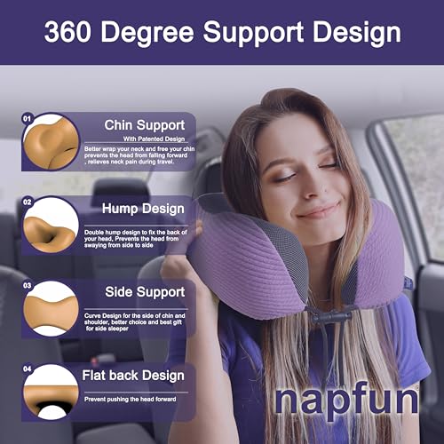 napfun Neck Pillow for Travel with Travel Pouch, Sleep Mask & Earplugs, Memory Foam Airplane Pillow for Headrest Sleep with Eyeshades, Plane Essentials with Eye Blindfold, Light Purple Striped Kit - color: Light Purple Striped Kit