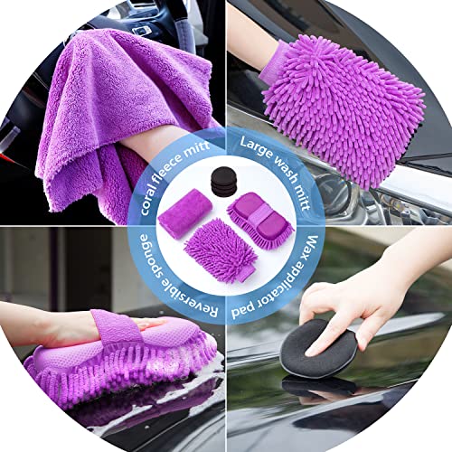 22Pcs Car Wash Cleaning Tools Kit Car Detailing Set with Canvas Bag Purple Collapsible Bucket Wash Mitt Sponge Towels Tire Brush Window Scraper Duster Complete Interior Car Care Kit - color: Purple