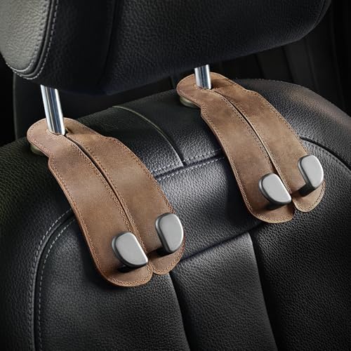 CoBak Genuine Leather Purse Hook for Car - Universal Premium Stitched Leather and Aluminum-Magnesium Alloy Double Car Seat Back Storage Hook for Purses, Handbags, Bags (2 Pack),Leather Brown - color: Leather Brown, size: Double-Hooks