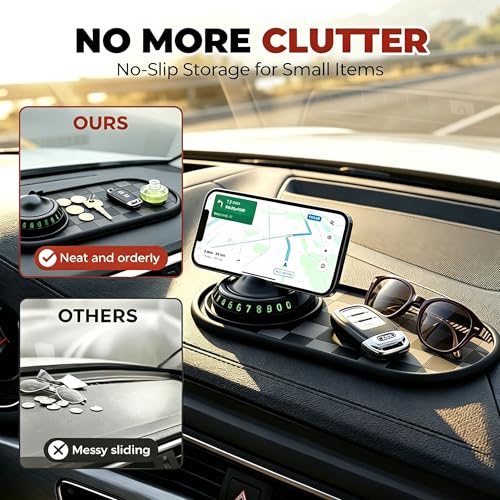 Multifunction Car Anti-Slip Mat Phone Holder, Dashboard Anti Slip Pad for Car with 360° Rotating Cell Phone Holder & Parking Number, Organizer for Phone, Keys, Sunglasses (Black & Brown) - color: Black & Brown