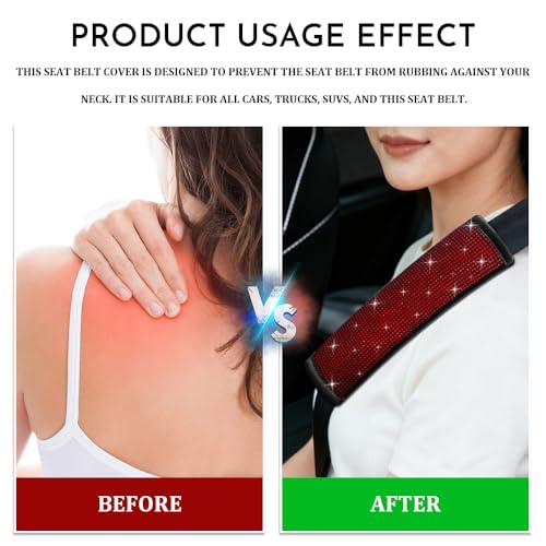 2PCS Bling Seat Belt Covers, Seat Belt Cover Pad, Car Seatbelt Shoulder Pads with Rhinestone, Auto Accessories Comfortable Automotive Neck Shoulder Mat Cushion for Car Truck SUV (Red) - color: Red