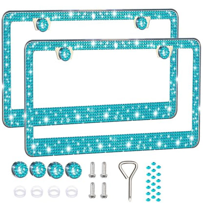 2 Pack License Plate Frames for Women, Sparkly Rhinestone Diamond Car Accessories with Glitter Crystal Caps (Blue（2PCS）) - color: Blue（2PCS）