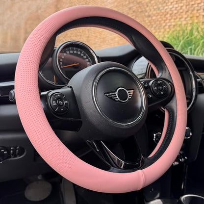 PINCTROT Nappa Leather Steering Wheel Cover, Slim Fit No Bulk Design, One Piece Leather with Breathable Perforation, Fit Like Gloves, Universal 14.5-15 Inch(Nappa Pink) - color: 04.Pink, size: Medium(Standard) Size[14 1/2''-15'']