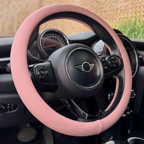 PINCTROT Nappa Leather Steering Wheel Cover, Slim Fit No Bulk Design, One Piece Leather with Breathable Perforation, Fit Like Gloves, Universal 14.5-15 Inch(Nappa Pink) - color: 04.Pink, size: Medium(Standard) Size[14 1/2''-15'']
