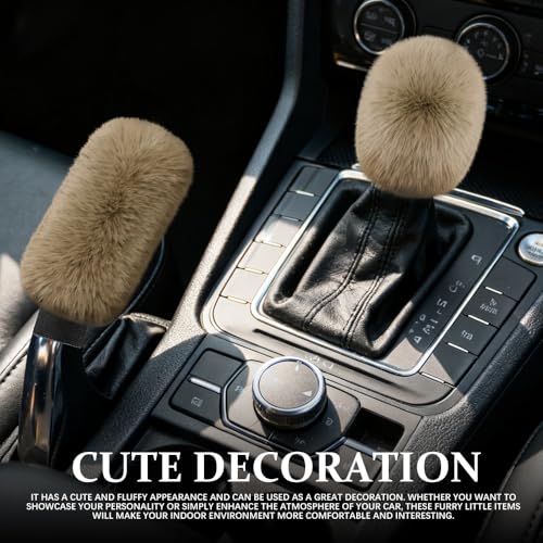 2PCS Plush Car Gear Shift Knob Cover & Handbrake Cover, Shift Knob Protector, Soft Fluffy Gear Handbrake Protective Sleeves, Shifter Lever Brake Handle Warm Plush Set for Cars (Khaki) - color: Khaki