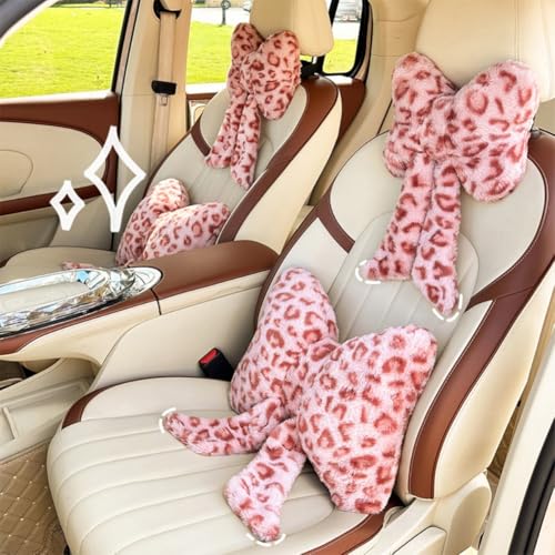 LYFJMUS 4 Pack Plush Bow Car Headrest Pillow and Lumbar Support Pillow Soft Butterfly Car Neck Pillows for Driving Cars Decor (Pink Leopard) - color: Pink Leopard