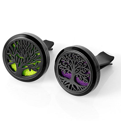 RoyAroma 2PCS Tree of Life Car Diffuser Aromatherapy Essential Oil Black Stainless Steel Locket with Vent Clip 12 Felt Pads - color: Black B