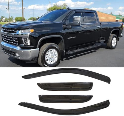 94805 Side Window Visor Deflector,4pcs Tape-on Shatterproof Dark Smoke Shades Rain Guard fit for 2019-2025 Chevry Silverado/GMC Sierra 1500,2020-2025 Silver/Sierra 2500HD/3500HD Crew Cab - size: 19-22 Silverado/Sierra Crew Cab (Full Rear Door)