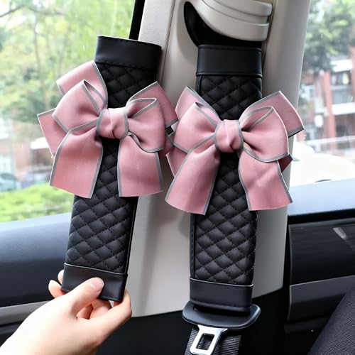 Cute Bow Leather Car Seat Belt Cover Pads,2 Pcs & 4 Pcs Seat Belt Cover for Shoulder, Seatbelt Cushion, Car Seat Strap Pads, Seatbelt Covers for Women (Pink,2) - color: Pink