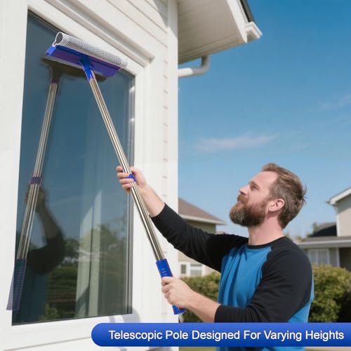 2-in-1 Window Squeegee&Car Squeegee with 15.7"-27.5" Retractable Stainless Steel Handle, Windshield Cleaner Tool for Cars, Trucks, Glass Doors, Shower Glass, Outdoor Windows