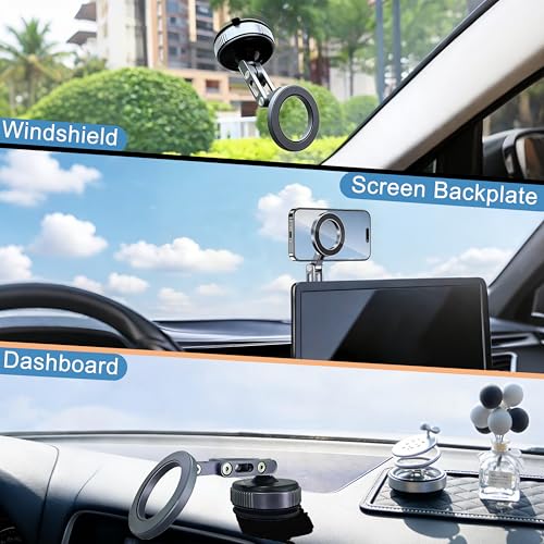 Nano Gel Suction Cup Magnetic Phone Holder for Car,Aluminum Alloy & ABS One-step Lock Magnetic Vacuum Phone Mount,UV-Resistant and Durable,Directly Mountable on Smooth Surfaces/Textured Leather