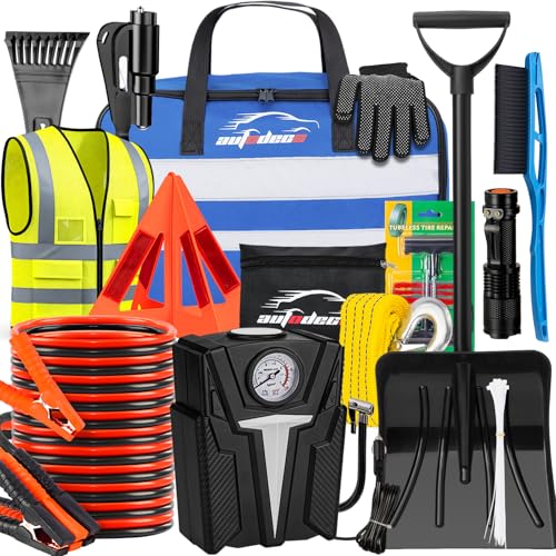 AUTODECO Roadside Emergency Car Kit Winter Road Trip Assistance Vehicle Safety Kit with Air Comperss, Detachable Snow Shovel, Jumper Cables, Tow Strap