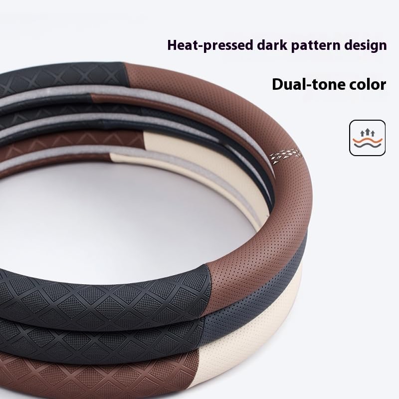 Ultra-Thin Napa Leather Steering Wheel Cover with 3D Anti-Slip Diamond Grip, Breathable Non-Bulky Design, Universal Fit 15 Inch for Cars & SUVs - color: black&navy blue