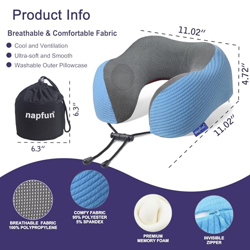 napfun Neck Pillow for Travel with Travel Pouch, Sleep Mask & Earplugs, Memory Foam Airplane Pillow for Headrest Sleep with Eyeshades, Plane Essentials with Eye Blindfold, Sky Blue Striped Kit - color: Sky Blue Striped Kit