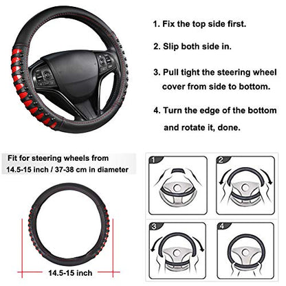 West Llama Microfiber Leather Car Steering Wheel Cover for Men Women,Universal Fit 14.5-15 inch(Leather Nails-Red+Black-Standard Size) - color: C-Red+Black, size: Standard size (14 ½''-15'')