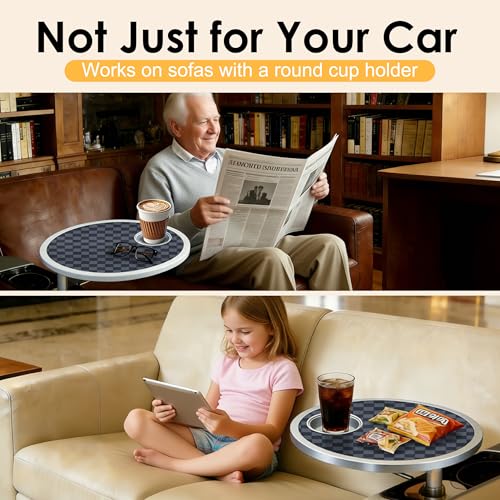Car Food Tray & Car Table Tray with Car-Grade Aluminum Cup Holder & Phone Stand, Premium Wood with Leather Surface, 360° Rotating Car Desk for Laptop &Eating (Round, Black&Grey) - color: 𝗥𝗼𝘂𝗻𝗱 · Grey&Black