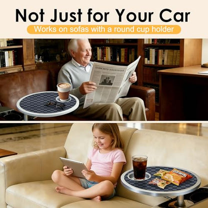 Car Food Tray & Car Table Tray with Car-Grade Aluminum Cup Holder & Phone Stand, Premium Wood with Leather Surface, 360° Rotating Car Desk for Laptop &Eating (Round, Black&Grey) - color: 𝗥𝗼𝘂𝗻𝗱 · Grey&Black