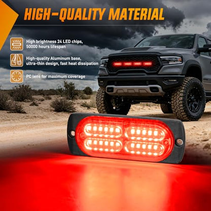 Nilight 4PCS 24LED Emergency Strobe lights 12V 24V Red Surface Mount Grille Hazard Safety Warning Light Sync Feature Side Flashing Marker Flash for Car Truck Campers - color: Red
