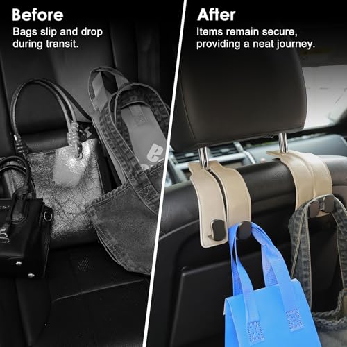 KINIVA Car Seat Headrest Storage Hooks, Set of 2, Suede PU Leather, Double Hooks (06-White) - color: 06-White