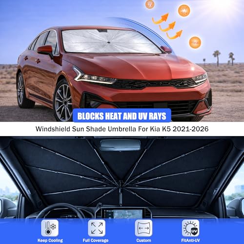 2026 Upgraded Car Windshield Sun Shade Umbrella - Custom-Fit for Kia K5 2021-2026 Umbrella Sunshade,Easy Install,UV Protection & Heat Reflective,Keep Interior Cooler with Storage Bag - size: For Kia K5 2021-2026