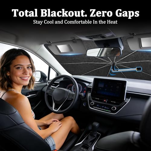 [2026 Upgraded] Windshield Sun Shade Umbrella, Front Window Sunshade with Thermo Shield Fabric, Foldable Car Sun Visor for Heat Reduction and Interior Protection (XX-Large-63 L x 36" W) - size: XX-Large