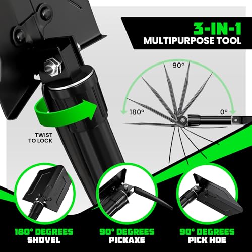 RHINO USA Folding Survival Shovel w/Pick - Heavy Duty Carbon Steel Military Style Entrenching Tool for Off Road, Camping, Gardening, Beach, Digging Dirt, Sand, Mud & Snow. - size: Military 22" E-tool