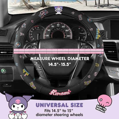 Sanrio Hello Kitty and Friends Kuromi Black Car Steering Wheel Cover, Universal Fit Cute Accessories for Women Stylish Decor Gifts Hello Kitty Accessories - Fits Standard Wheels 14.5"-15" - style: Kuromi Black