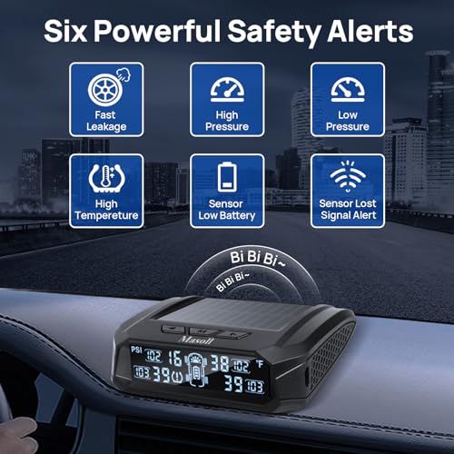 Masoll RV tire Pressure Monitoring System, Wireless TPMS Tire Pressure Monitor System with Solar Charger, RV TPMS with 4 tire Pressure Sensors & 6 Alarm Modes(0-87 PSI)