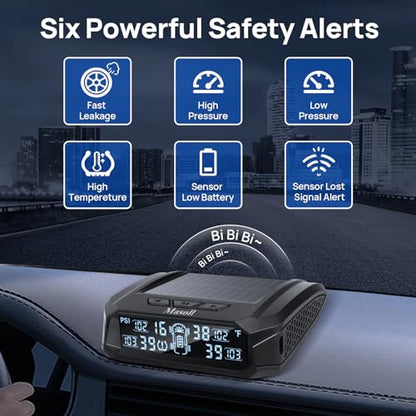 Masoll RV tire Pressure Monitoring System, Wireless TPMS Tire Pressure Monitor System with Solar Charger, RV TPMS with 4 tire Pressure Sensors & 6 Alarm Modes(0-87 PSI)