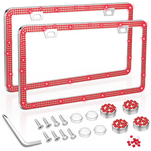 SHARE&CARE Bling License Plate Frame, Crystal License Plate Cover, Car License Plate Holder with Rhinestone Screw Set, Women Gift for Mom, Wife, Her - 2 Pack (RED) - color: RED