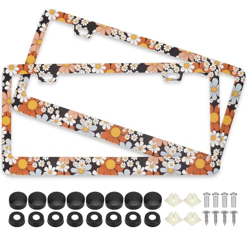 Retro Floral Daisy License Plate Frames Black, 2 Pack Colorful Flowers Car Plate Frame, Stainless Steel License Plate Holders Covers with Free Screws Fasteners Caps (Black Retro Floral Daisy) - color: Black Retro Floral Daisy