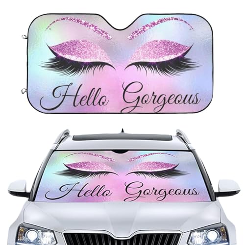 Car Windshield Sunshade, Purple Eyelash Front Window Sun Shades, Folding Block Sun Visor Protector for Car, Sedan, Truck, SUV, Womens Cute Auto Interior Accessories 51x27.5 in - color: Hello Gorgeous Glittering Purple Eyelash