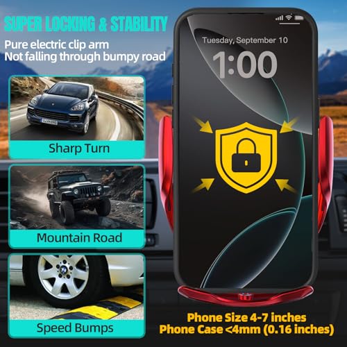 Wireless Car Charger, MAX 15W Fast Charging Auto Clamping, Sensing Phone Holder Mount, fit for iPhone 16 15 14 13 12 Pro Max Xs X, Samsung Galaxy S24 Ultra S23 S22 S21 S20 Note20 (4-Red) - color: 4-Red