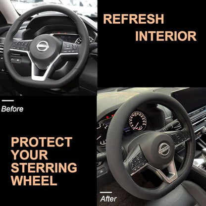 PINCTROT D Shaped Nappa Leather Steering Wheel Cover, Slim Fit No Bulk Design, One Piece Leather with Breathable Perforation, Fit Like Gloves, Flat Bottom 14.5-15 Inch(Nappa Black) - color: 01.Black, size: D Shaped/Flat Bottom[14 1/2''-15'']