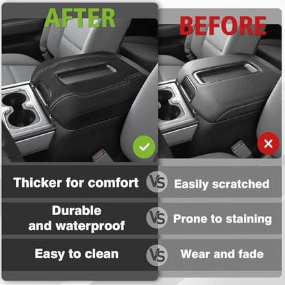 Muslogy Center Console Armrest Cover Fit for Chevy Silverado & GMC Sierra 1500 2500 3500 2014-2018 Accessories, Comfort Armrest Pad Console Lid Cushion Vegan Leather Regular Thick(Bucket Seat ONLY) - size: 1) 14-18 |Silverado & Sierra| Bucket Seat, Regula