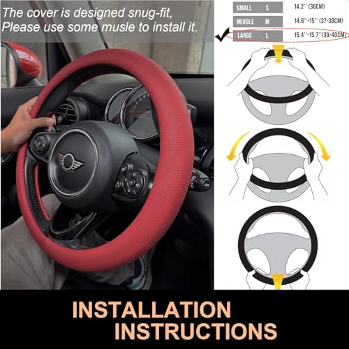 PINCTROT Large Size Nappa Leather Steering Wheel Cover, Slim Fit No Bulk Design, One Piece Leather with Breathable Perforation, Fit Like Gloves, 15.5-15.75 Inch(Nappa Rust Red) - color: 02.Rust Red, size: Large Size[15 1/2''-15 3/4'']