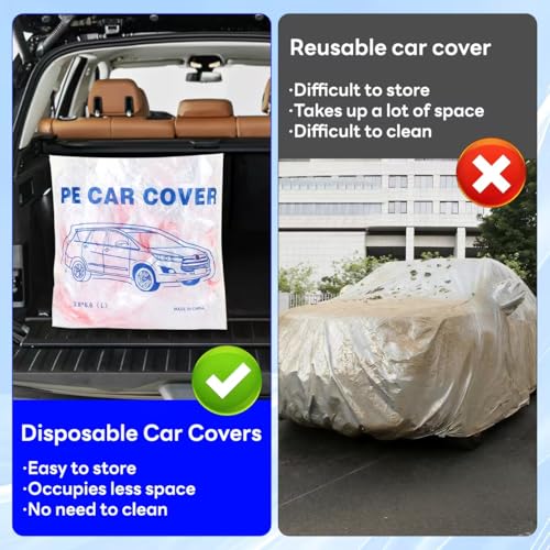 2 Pack Disposable Car Cover Clear Plastic Car Cover Universal Rain Dust Garage Cover with Elastic Band Medium (12.4 FT x 21.6 FT)