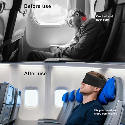 Travel Pillows for Airplanes, Airplane Head Strap with Silk Eye Mask for Sleeping, Long Flights & Car Road Trips 360°Headrest Neck Support, Stops Bobbing, Small & Compact（Black） - color: Black