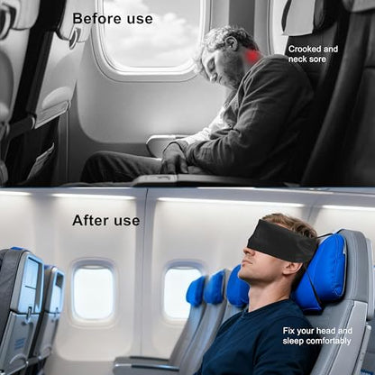 Travel Pillows for Airplanes, Airplane Head Strap with Silk Eye Mask for Sleeping, Long Flights & Car Road Trips 360°Headrest Neck Support, Stops Bobbing, Small & Compact（Black） - color: Black
