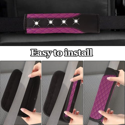 Hovom 2PCS Bling Car Seat Belt Cover Pad, Leather Seatbelt Covers for Cars, Soft Safety Seatbelt Shoulder Strap Covers, Rhinestone Auto Seat Belt Protector Cushion for Women Girls (Purple) - color: Purple