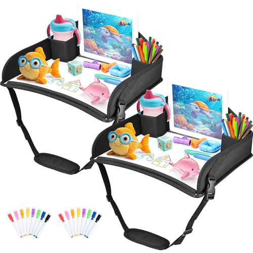 2Pcs Kids Travel Tray for Toddler Carseat, Road Trip Activities Essentials for Toddler, Kids Lap Desk Tray with Tablet Holder Stand ＆ Dry Erase Board (Black-2Pcs) - color: Black-2Pcs