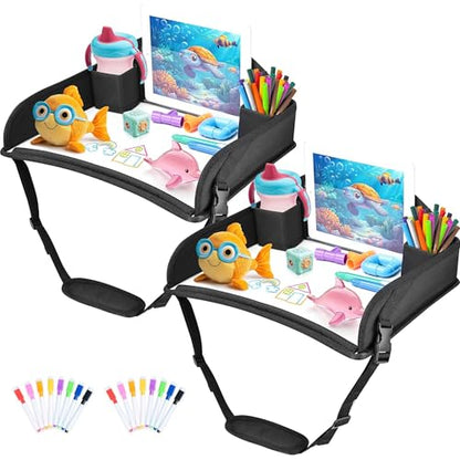 2Pcs Kids Travel Tray for Toddler Carseat, Road Trip Activities Essentials for Toddler, Kids Lap Desk Tray with Tablet Holder Stand ＆ Dry Erase Board (Black-2Pcs) - color: Black-2Pcs