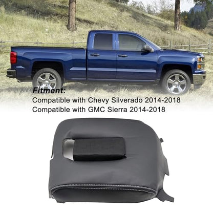 SecosAutoparts Black Leather Center Console Leather Lid Armrest Cover Replacement Compatible with Chevy Silverado GMC Sierra 2014 2015 2016 2017 2018 Black Made by Quality Automotive PVC Leather - color: Black Leather & Black Stitch