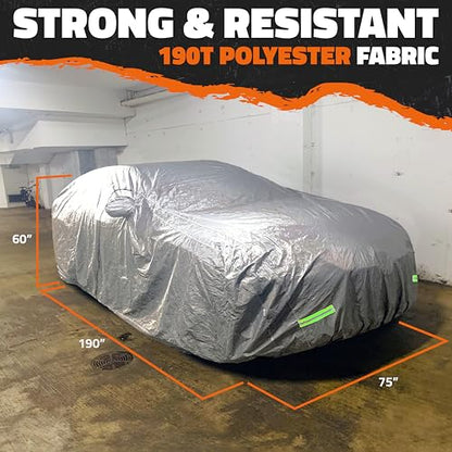 Mockins 190"x75"x60" Sedan Car Cover with Zipper Door | 190T Polyester Soft Indoor & Outdoor Weatherproof Car Covers for Automobiles | Full Exterior Covers for Snow, Frost, UV, Light Rain & Foliage - size: Sedan - Medium - 190" X 75" X 60" With Zipper Doo