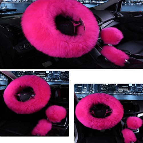 1 Set 3 Pcs Car Steering Wheel Cover & Handbrake Cover & Gear Shift Cover Set Faux Wool Warm Winter - color: Rose Red-3pcs
