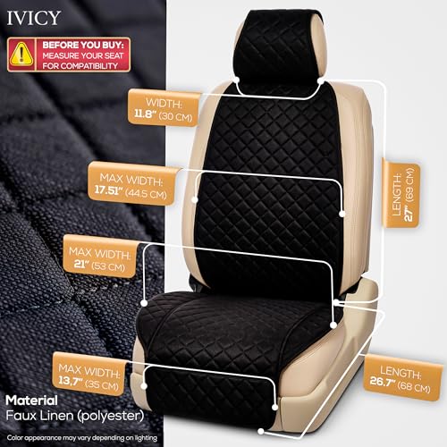 IVICY Faux Linen Front Car Seat Cover – Durable, Non-Slip Seat Protector for Cars – 1 Unit, Black - color: BLACK HYB LN