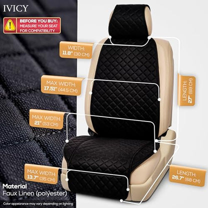 IVICY Faux Linen Front Car Seat Cover – Durable, Non-Slip Seat Protector for Cars – 1 Unit, Black - color: BLACK HYB LN