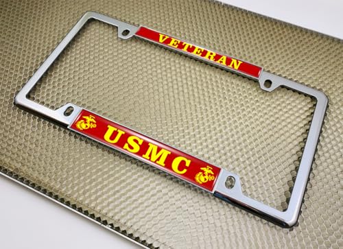 [Officially Licensed US Marine Corps Product] - Veteran USMC with EGA Emblem - Domed Custom-Made Personalized Thin Top 4-Hole Metal Car License Plate Frame with Free caps - Chrome Frame (Qty: 1) - color: Chrome - Style 2