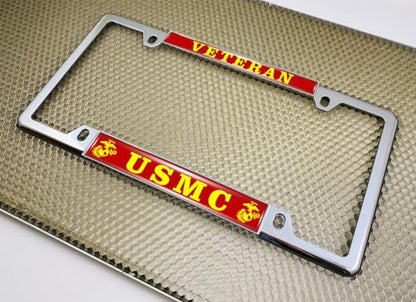[Officially Licensed US Marine Corps Product] - Veteran USMC with EGA Emblem - Domed Custom-Made Personalized Thin Top 4-Hole Metal Car License Plate Frame with Free caps - Chrome Frame (Qty: 1) - color: Chrome - Style 2