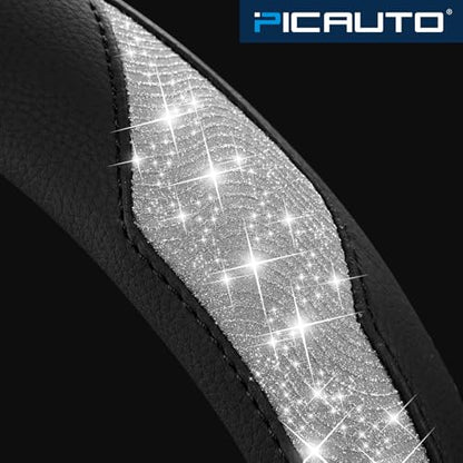 PIC AUTO Steering Wheel Cover, Silver Sparkly Crystal Bling Glitter with Leather, Universal Fit 14.5"-15.5" Car Steering Wheels for Girls & Women, Anti-Slip Wheels Cover for Cars, Trucks, Van, SUVs - color: Silver Glitter